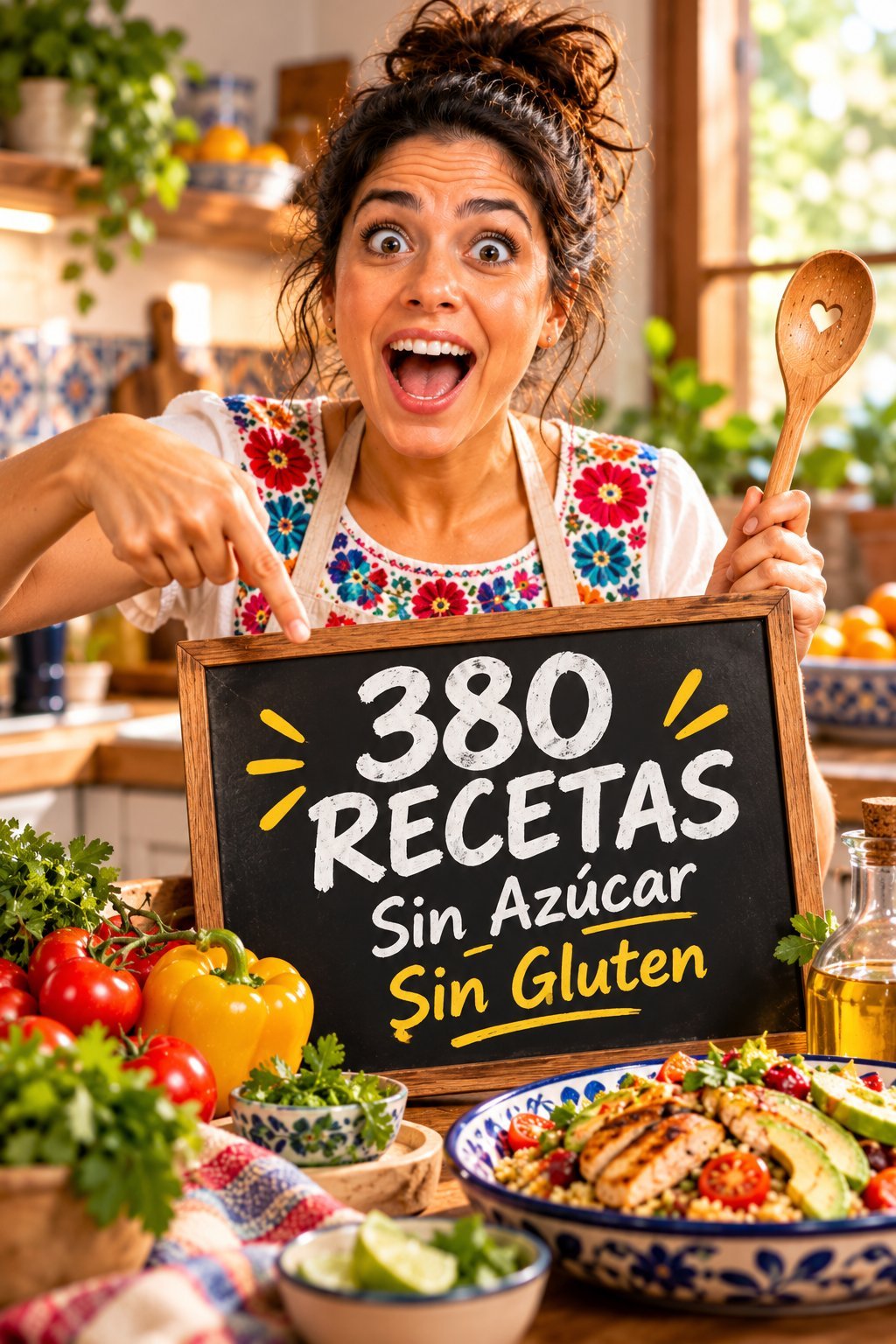 Mujer emocionada con mandil floral sosteniendo una cuchara de madera y una pizarra que dice 380 RECETAS Sin Azúcar Sin Gluten en una cocina con verduras frescas